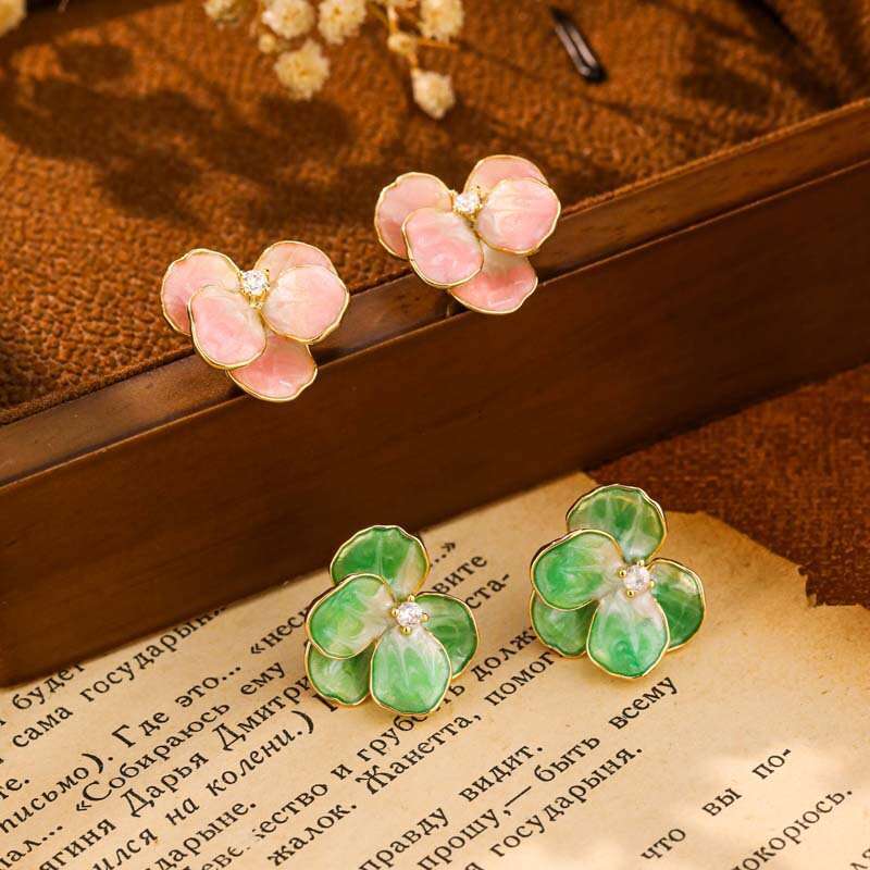 Fashion Enamel Oil Drop Iris Earrings High-end Luxury Exquisite Flower Studs Elegant Sweet Versatile Ear Jewelry