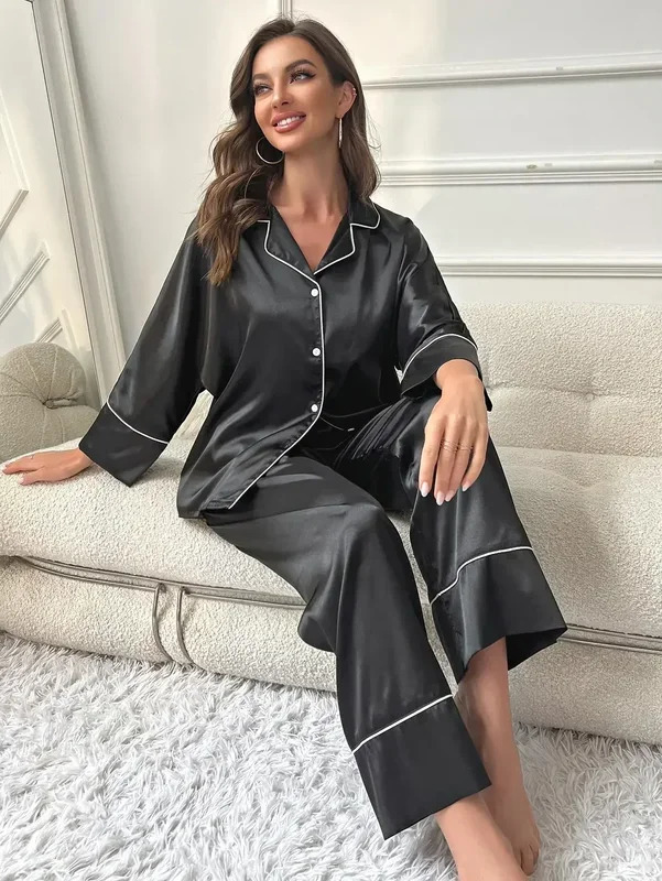 Womens Pajama Set Sleepwear Suit Loungewear Pj Satin Long Sleeve Tops With Pants 2 Pieces Pjs Pajamas for Women Pyjama 251231