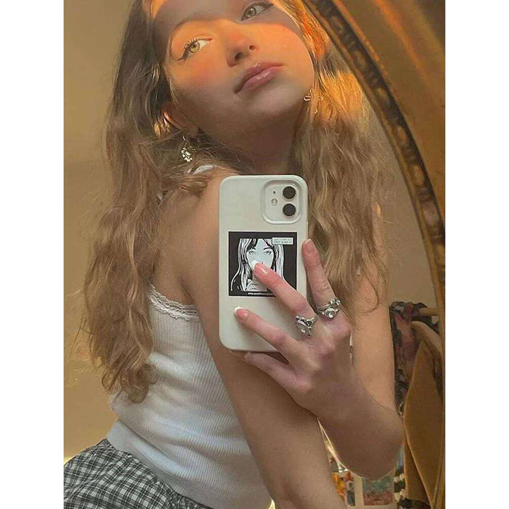 Cartoon Printed Lace Trim White Crop Top Fairy Grunge Summer Clothes for Women Cute Slim Fit Ribbed Tank Tops