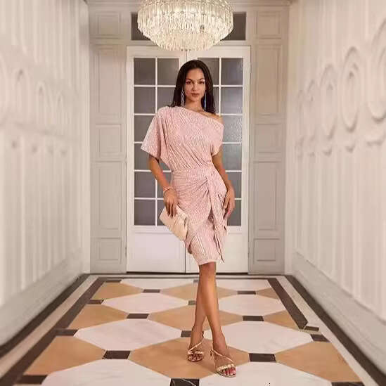 European and American Cross-Border Women's Party Club One-Shoulder Ribbon Toast Fashion Trendy Mesh Sequin Dress