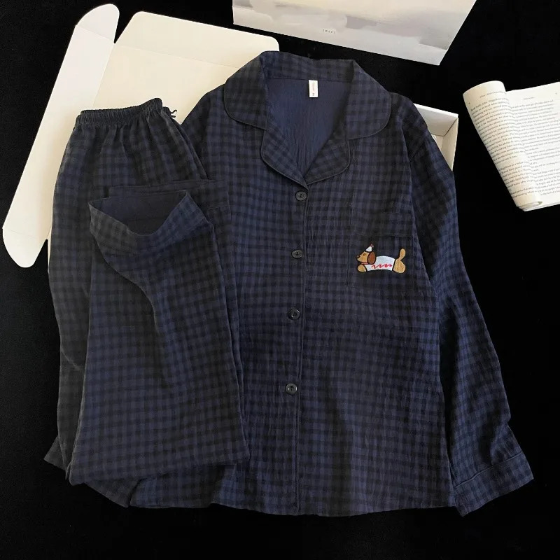 y Dog Vintage Plaid 2 Piece Suit Pyjama Femme Korean Style Casual Soft Fashion Womens Pajamas Autumn Sleepwear 251231