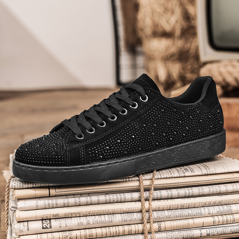Luxury Shoes 2026 Men's Fashion Rhinestone Decor Casual Sneakers - Black Suede-like Low-Top Shoes for Daily/Streetwear (Size 39-44)