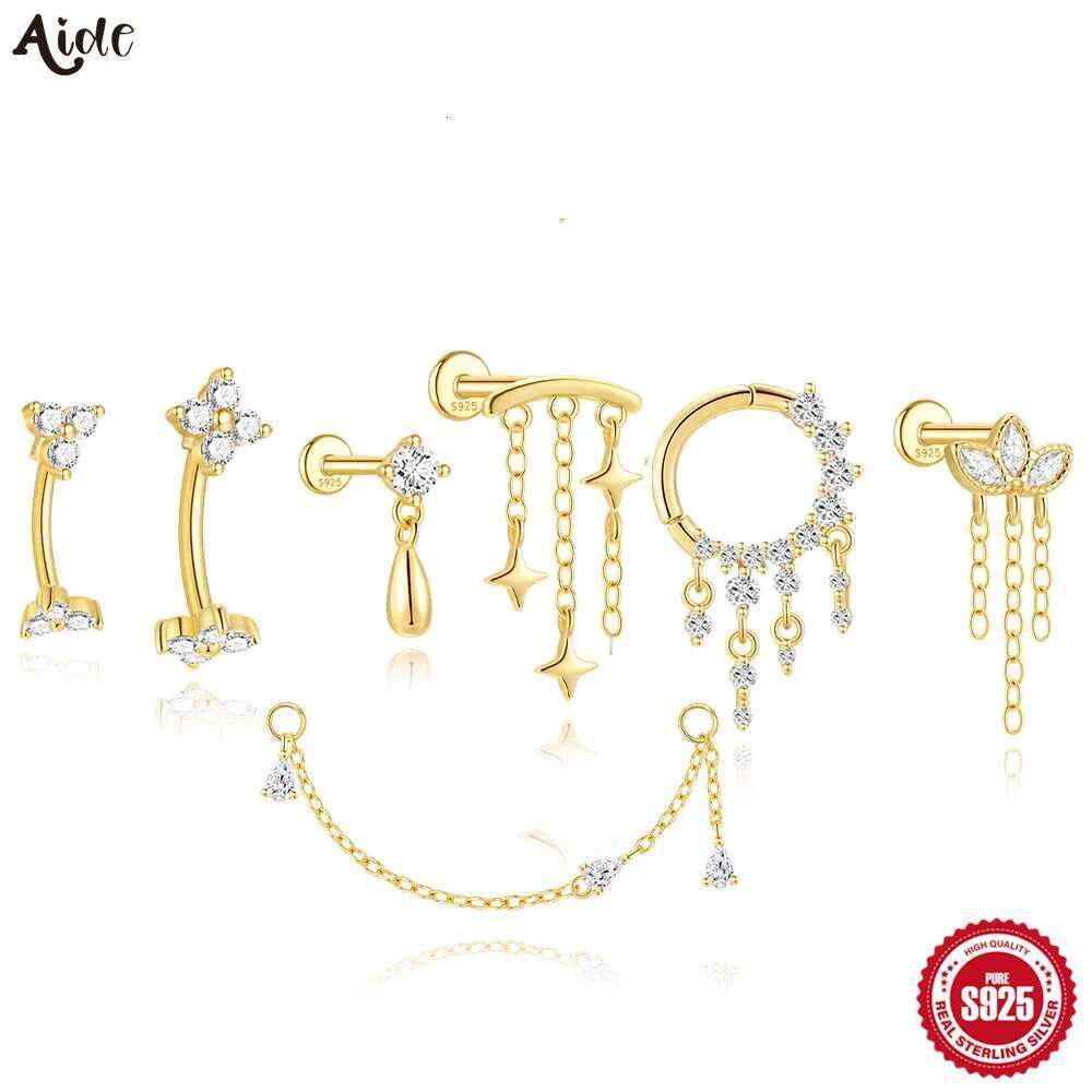 Aide 1PC Zircon Threaded Puncture Ear Bone Nail 925 Sterling Silver Tassel Geometric Flat Back Piercing Earring Simple Navel