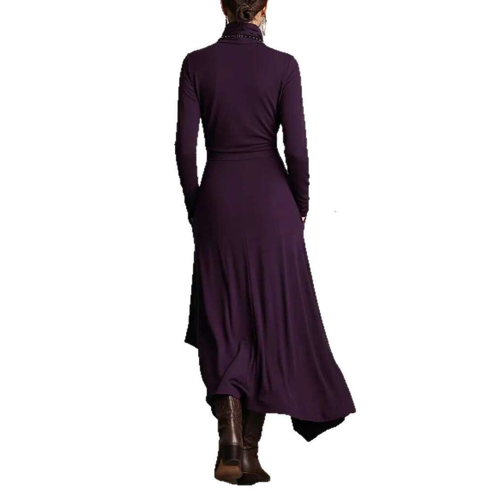 2026 European Size Women's Clothing Autumn Solid Color Sleeve Cross High Neck Long Dress