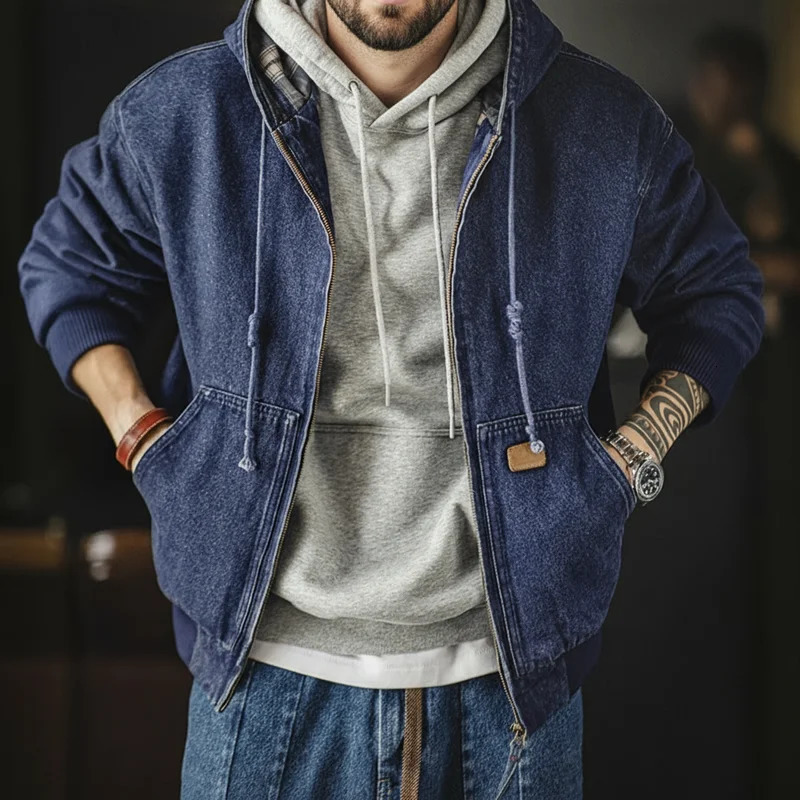 Maden Retro Mens J130 105oz Denim Jacket Heavyweight Washed Aged Hooded Zipper Work Coat with Large Pockets for Fall 251231
