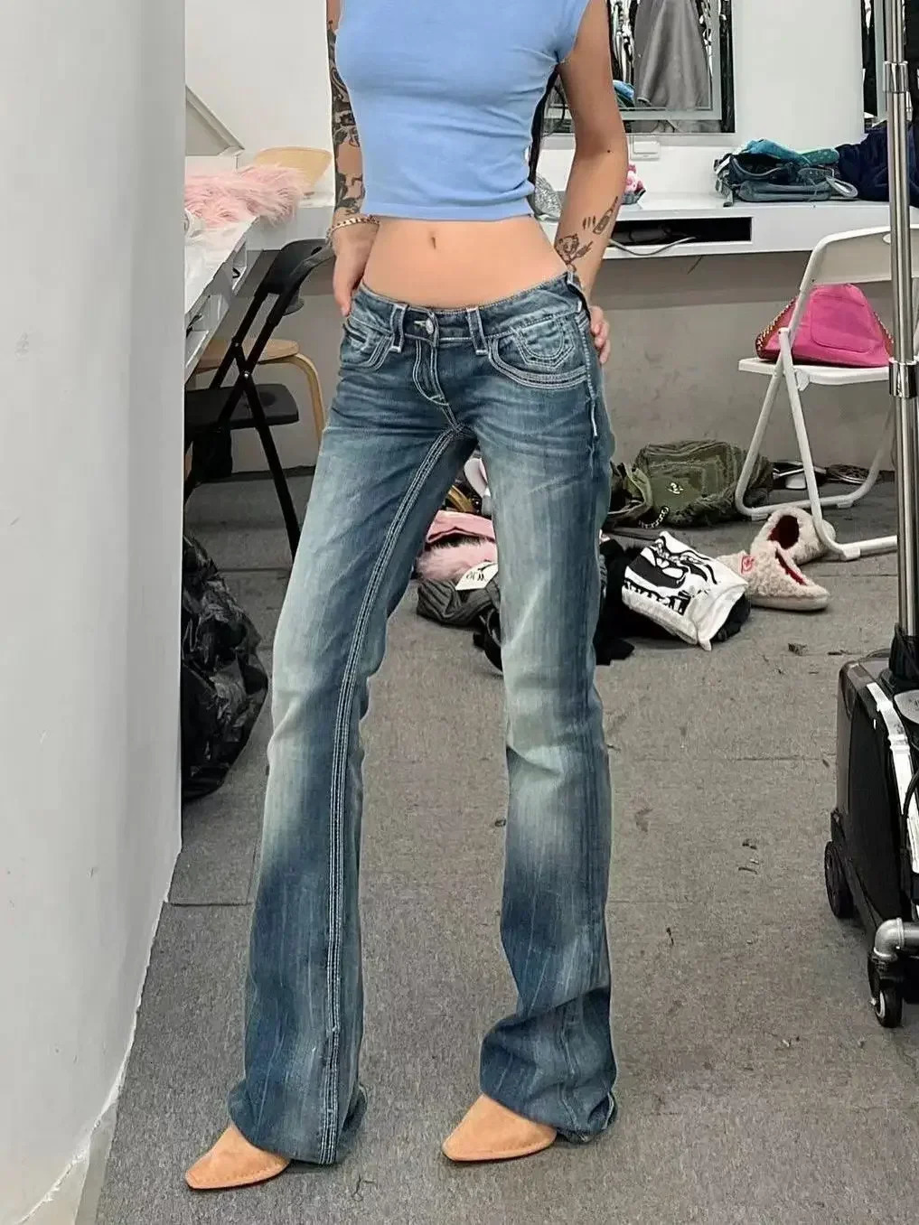 Vintage Streetwear Low Rise Flare Jeans Women Gyaru Harajuku Trashy Y2K Denim Pants 2000s Slim Trousers Pantalones 251231