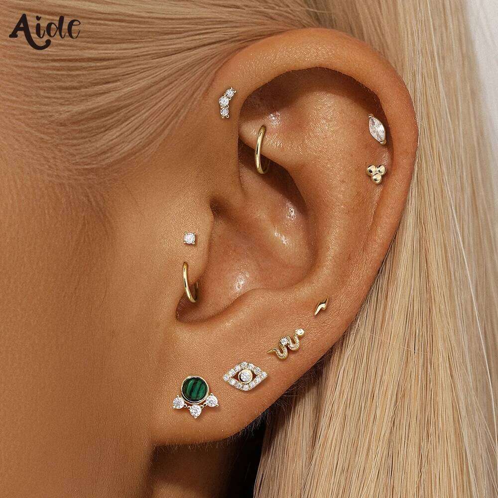 Aide 8MM Stud Earring 14k Solid Gold Bees Heart Star Puncture Earrings Simple Jewel Minimal Christmas Birthday Gift Pendientes