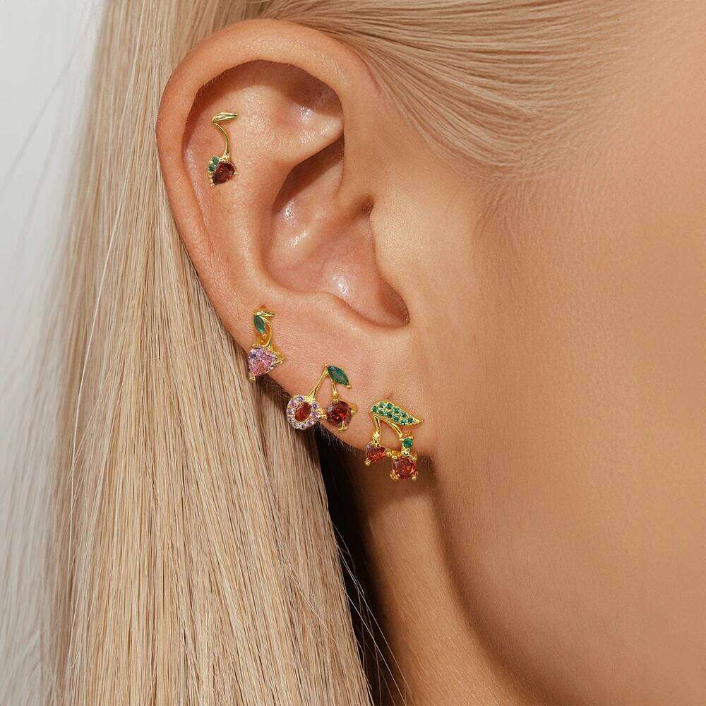 Aide Fashion Pineapple Cubic Zirconia Fruit Earrings for Women 925 Sterling Silver Cherry Cartilage Piercing Ear Studs Jewelry