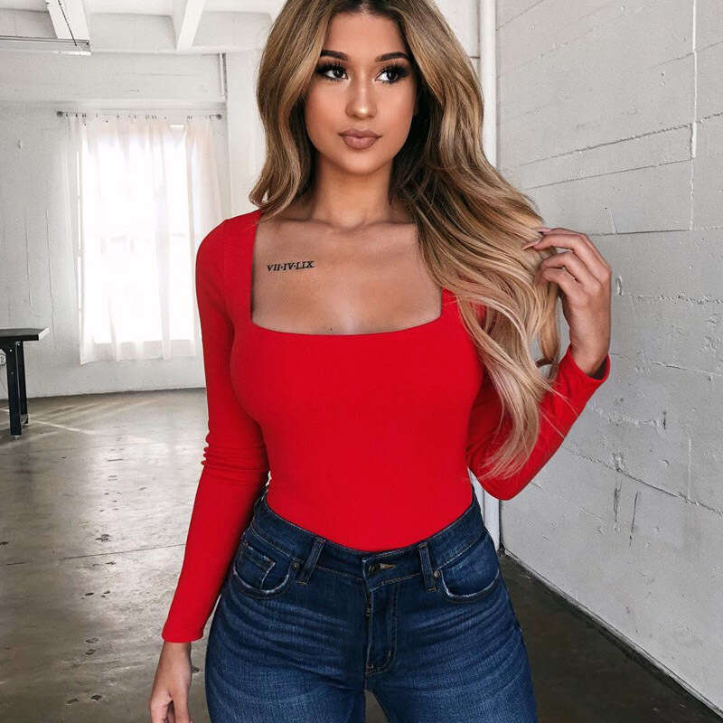European and American Foreign Trade Stretch Slim Sexy Base Long Sleeve Square Neck Fashion Casual Women's T-Shirt Top