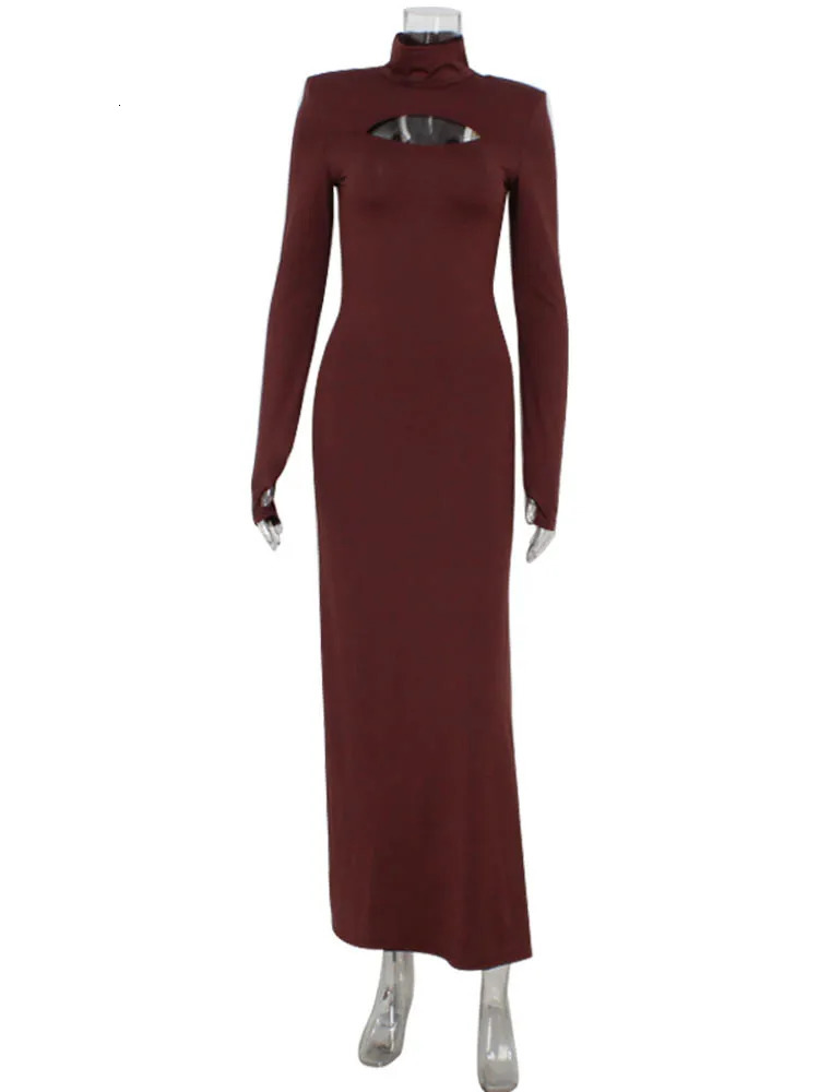 Ahagaga Sexy Sheath Womens Maxi Dresses Solid Turtleneck Regular Long Sleeves Hollow Out Slim Fit Bodycon Party Vestidos Robes 251231
