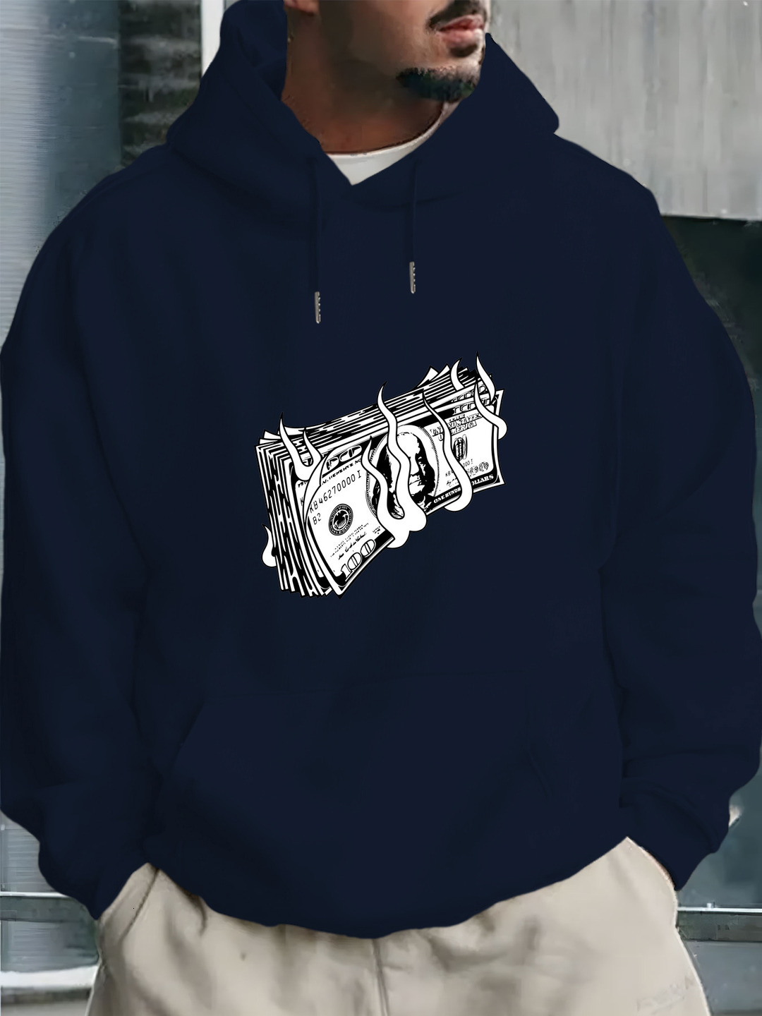 Men'S Casual Print Hoodie - Soft Blend, Long Sleeve Pullover with Front Pockets, "Money" Design, Ideal for Fall & Winter, Allseason Pul