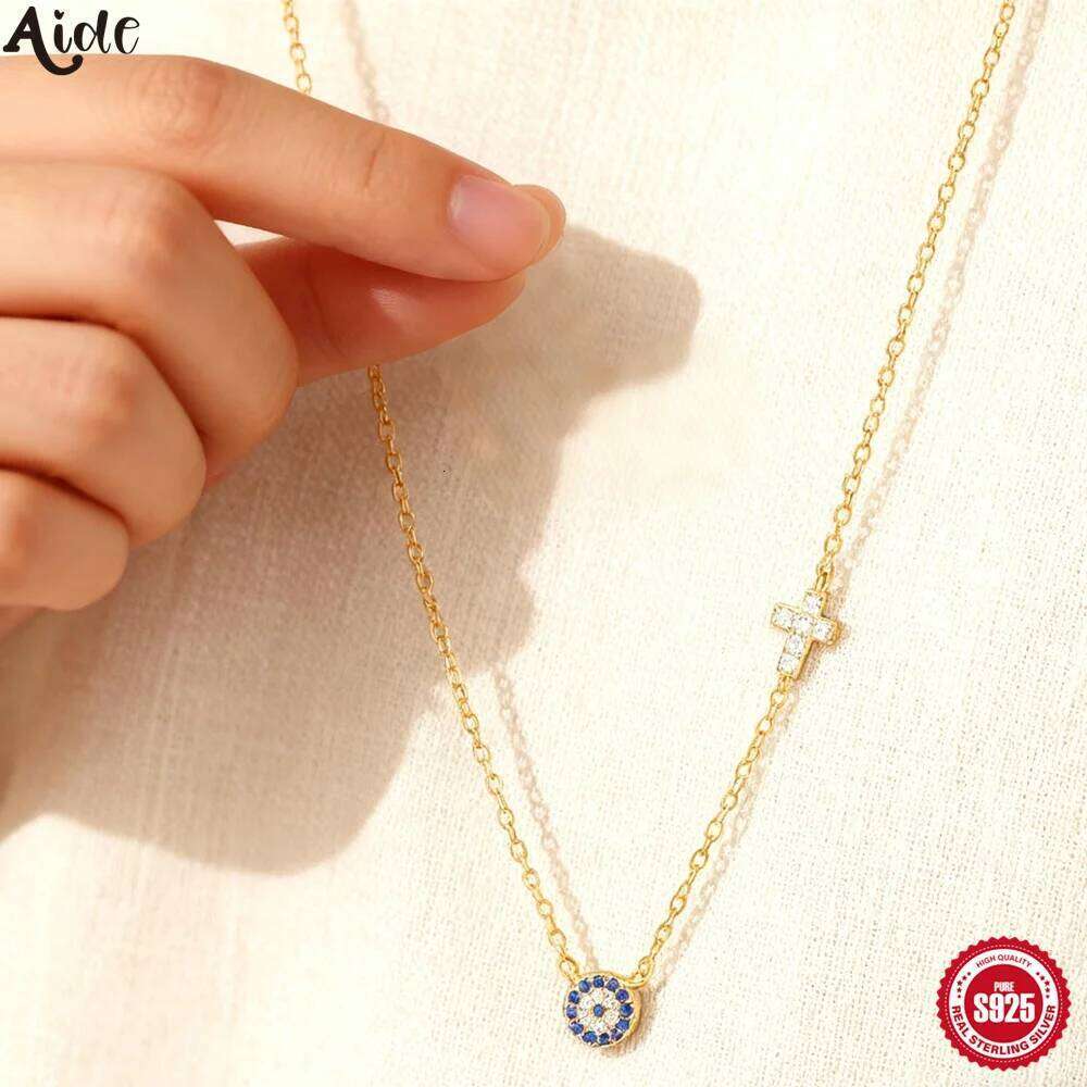 Aide Blue Crystal Eyes Pendants Classic Fashion 925 Sterling Silver Gold Color Necklace For Women Lucky Cross collars Jewelry