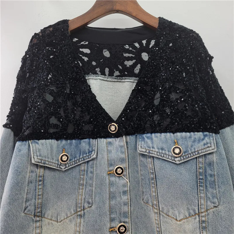 DEAT Womens Denim Jackets Vneck Patchwork Sequins Long Sleeve Perspective Shoulder Coats Summer Fashion 29A968 251229