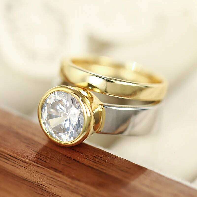 Huitan Two Tone 2Pcs Set for Women AA Cubic Zirconia Wedding Engagement Female Statement Rings Fashion Contracted Jewelry
