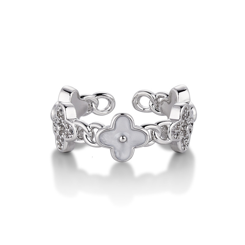 Luxury Brand Designer Jewelry Tiktok Hot Sale Full Diamond Lucky Four-Leaf Clover Open Ring For Women European And American Style Ins Light Luxury Ele