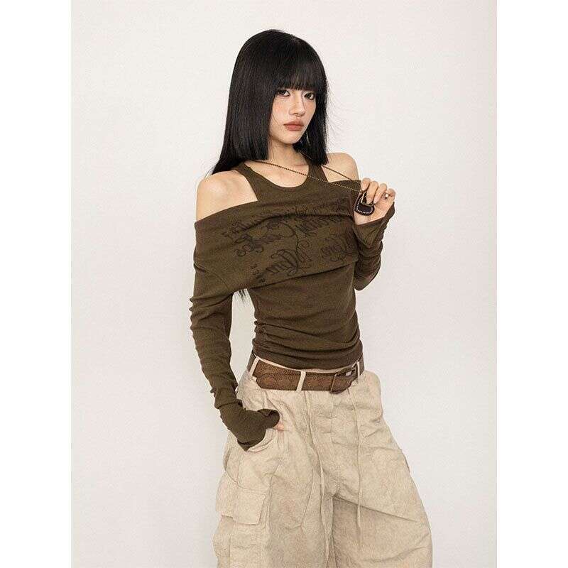 American Retro Print Off-Shoulder Long Sleeve T-Shirt for Women, Autumn New Style, Waist-Cinching Slimming Hot Girl Fake Two-Piece Top, Ins Style