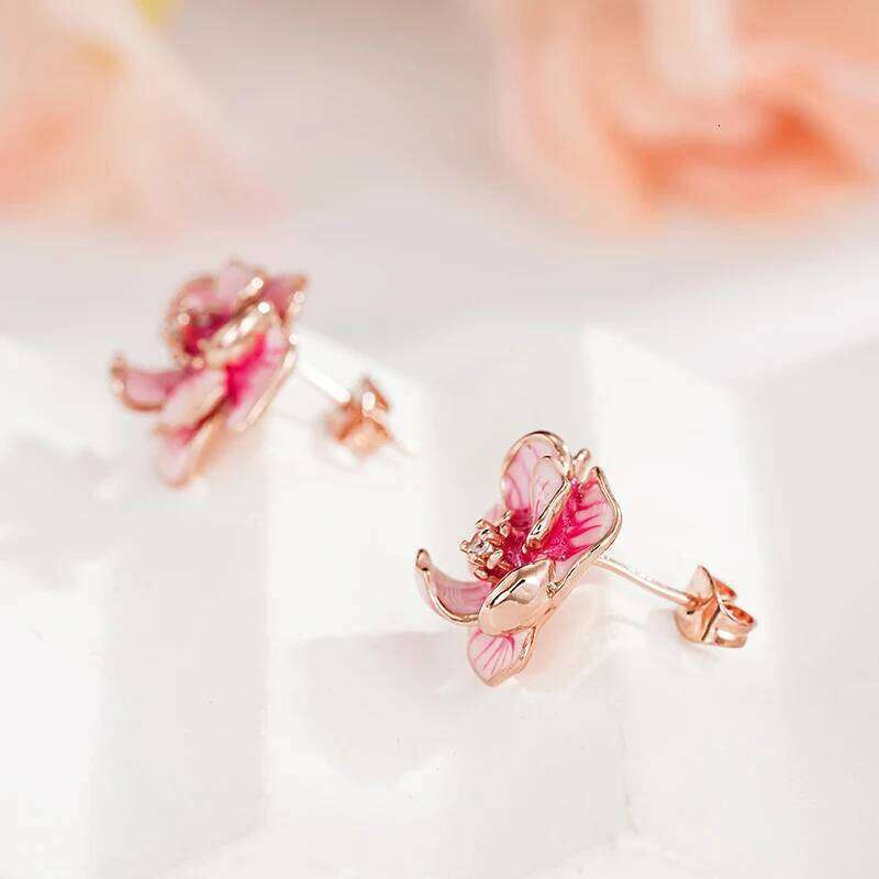 Huitan Sweet Pink Flower Stud for Women Handmade Enamel Rose Gold Color Aesthetic Female Ear Earrings Statement Jewelry