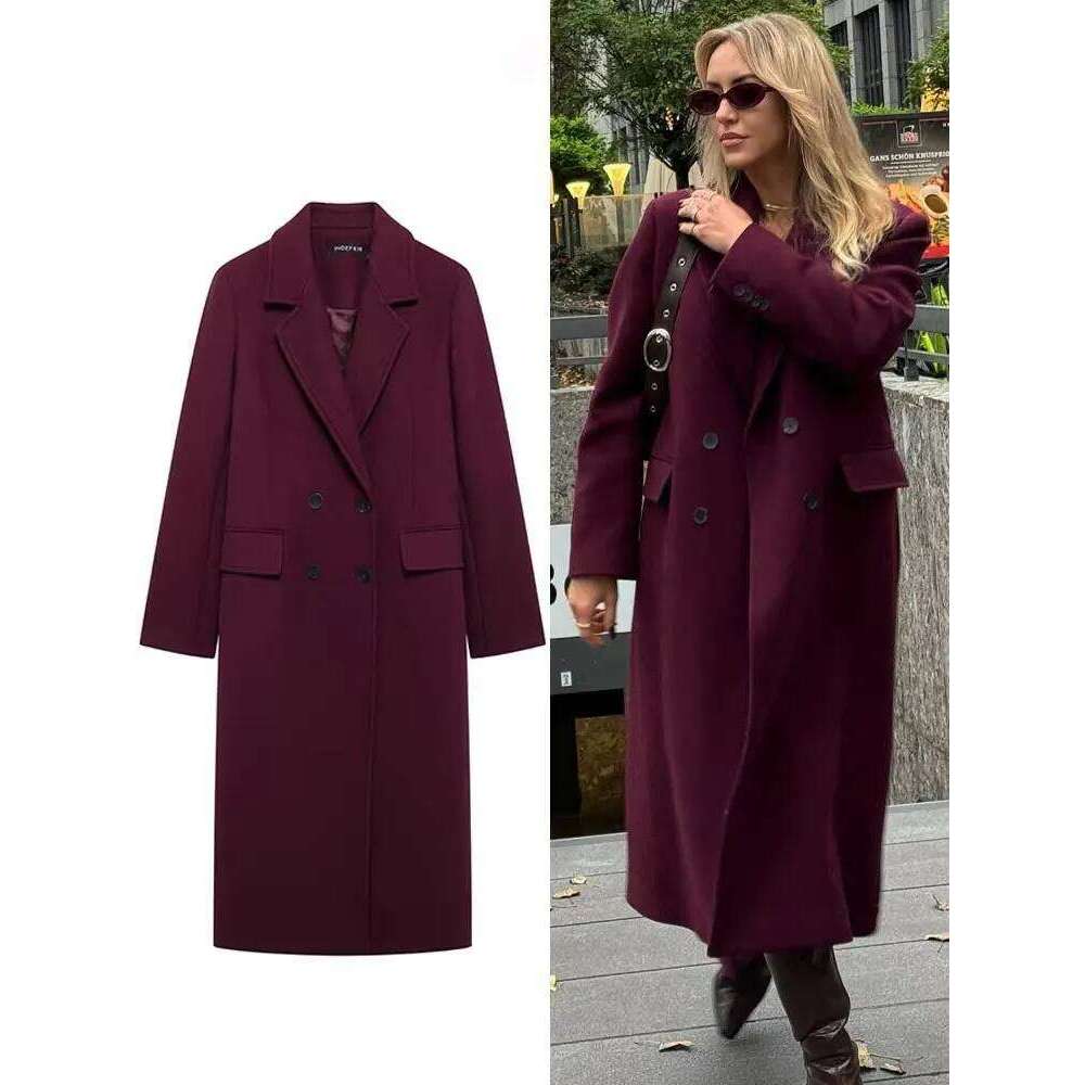 HH Women Fashion Burgundy Coat Double Breasted Long Sleeve Lapel Blends Jacket Autumn Winter High Street Outerwear