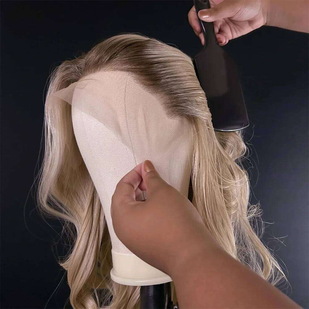 Blonde Balayage Front Free Part HD Lace Wig Realistic Look Dark Brown Roots Natural Wavy Synthetic Heat Resistant Fiber