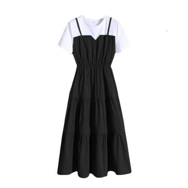 2025 Summer Plus Size Women's Fashion Strap Fake Two-Piece Long Chubby Sisters, Waist-Cinching French Short Sleeve Dress for Women