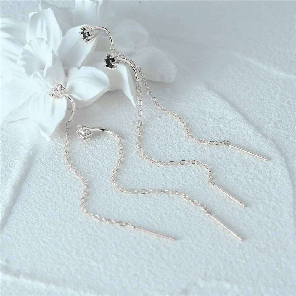 Aide 925 Sterling Silver Long Tassels Chain Black Zircon Piercing Stud Earring For Women Luxury Gold Pendientes Dangling Jewelry