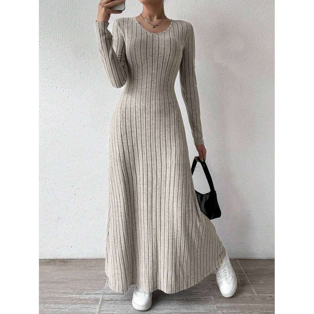 European and American Cross-Border Slim Fashion Women's Knitted Solid Color Sleeve A-Line Street Long Dress for Women