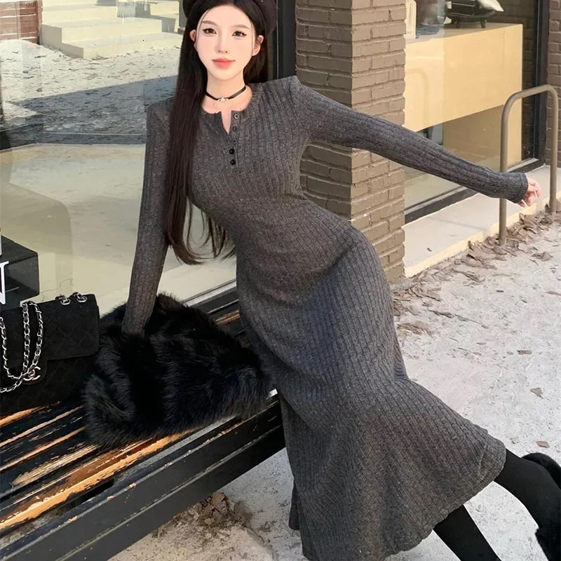 Smvp Elegant Slim High Waist Knit Dresses Women Autumn Winter Long Sleeve Thick Warm Dress Vintage Streetwear Vestidos 251231