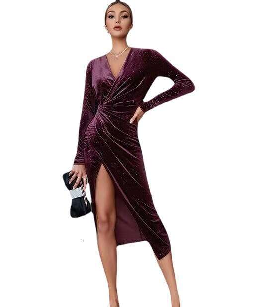 European and American Cross-Border Trade New Evening Sexy Leg-Exposing Long Sleeve Mid-Length Velvet Nightclub Dress