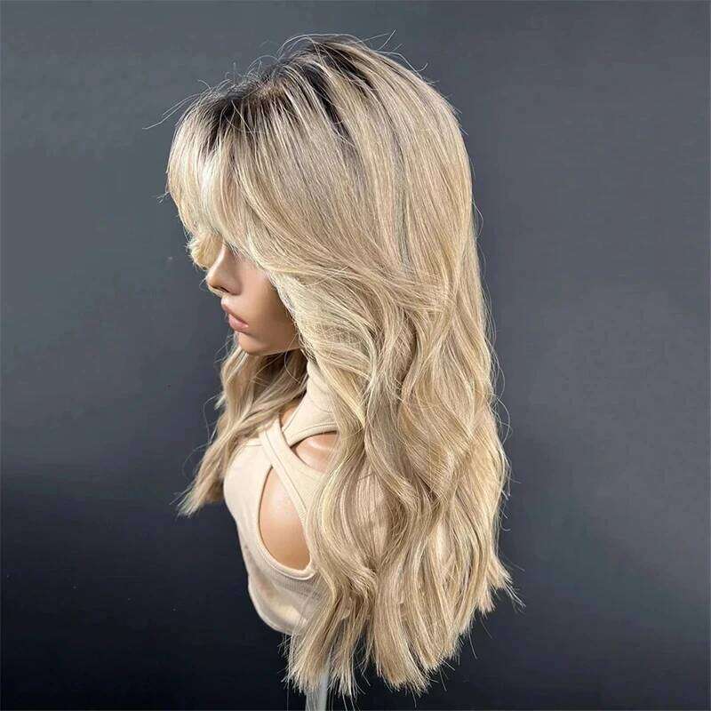 Lace Part for Women Ombre Ash Honey Blonde Colored Glueless Wigs with Bangs WEar and go 100% Natural Woman"s Wig Synthetic