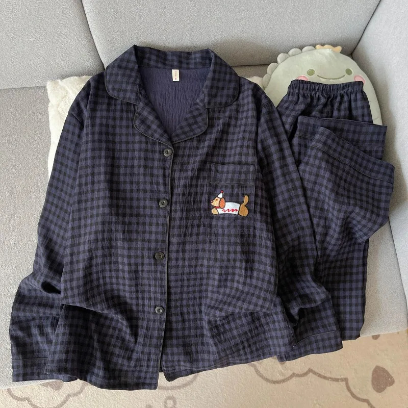 y Dog Vintage Plaid 2 Piece Suit Pyjama Femme Korean Style Casual Soft Fashion Womens Pajamas Autumn Sleepwear 251231