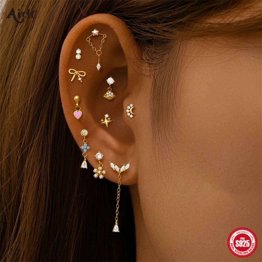 Aide 925 Sterling Silver 1pc Y2K Zircon Dangling Tassel Chain Screw-Back Stud Earrings For Women Simple Fine Jewelry Pendientes