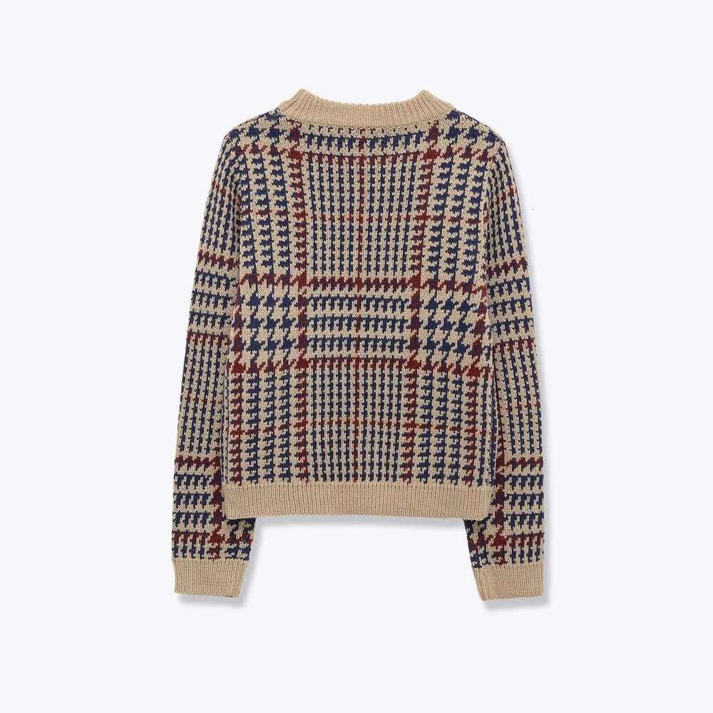 European And American Autumn New Fashion Casual Retro Style Long-Sleeved Houndstooth Blended Knitted Sweater