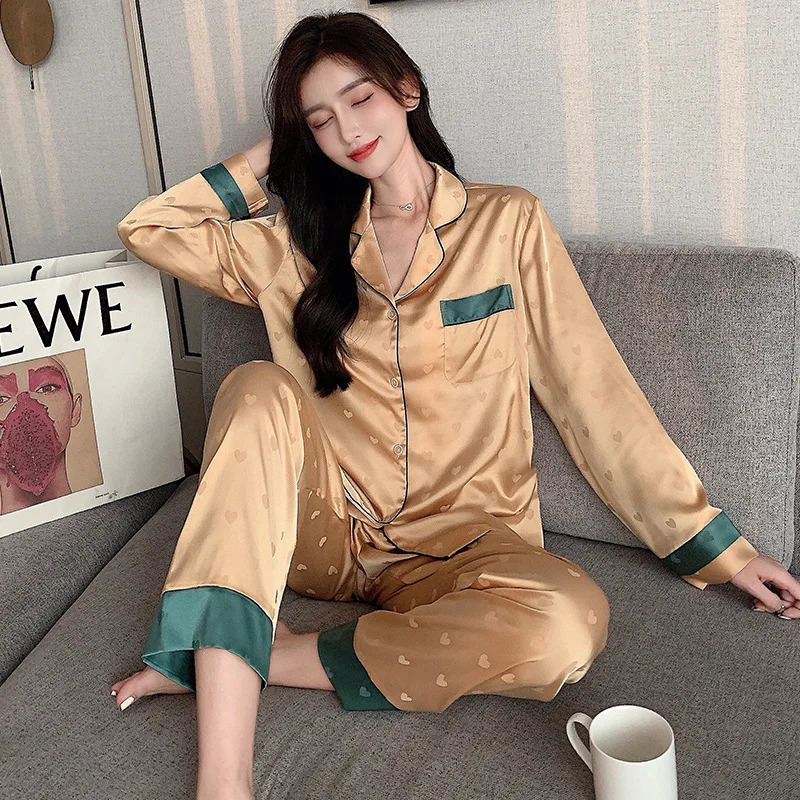 Top Autumn Ice Silk Women Pajama Lapel Button Cardigan Outfits for 2 Piece Set Fashion Printing Clothes 251231