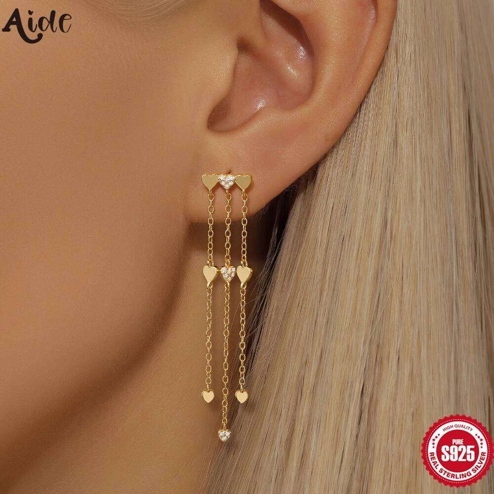 Aide 1pc 925 Sterling Silver Genuine Three Golden Love Heart Long Chain Drop Earring for Women Korean Ear Line Jewel