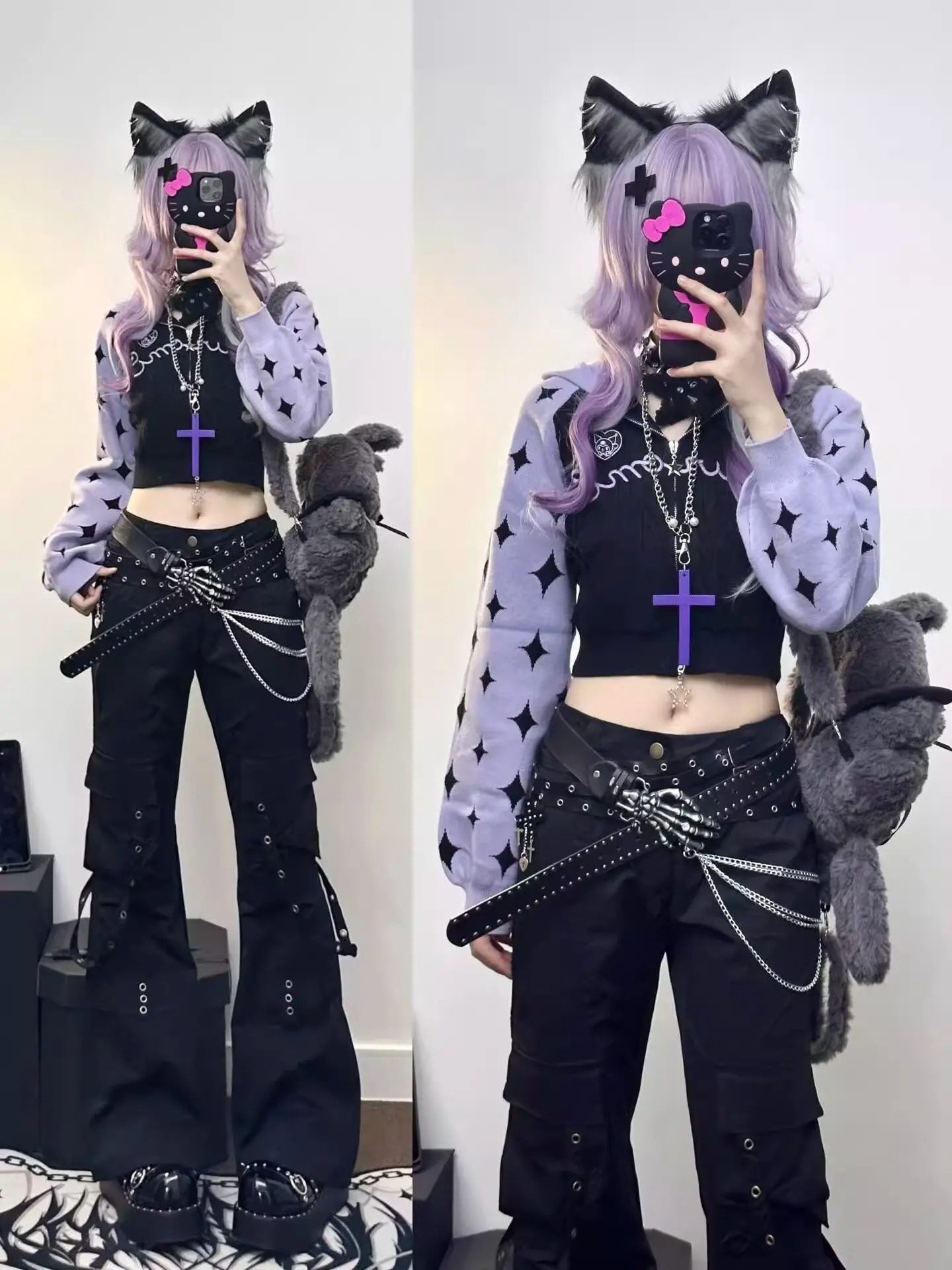 punk dark trumpet work pants jeans womens college Y2k pocket street wear black Gothic Harajuku low rise printed denim 251231