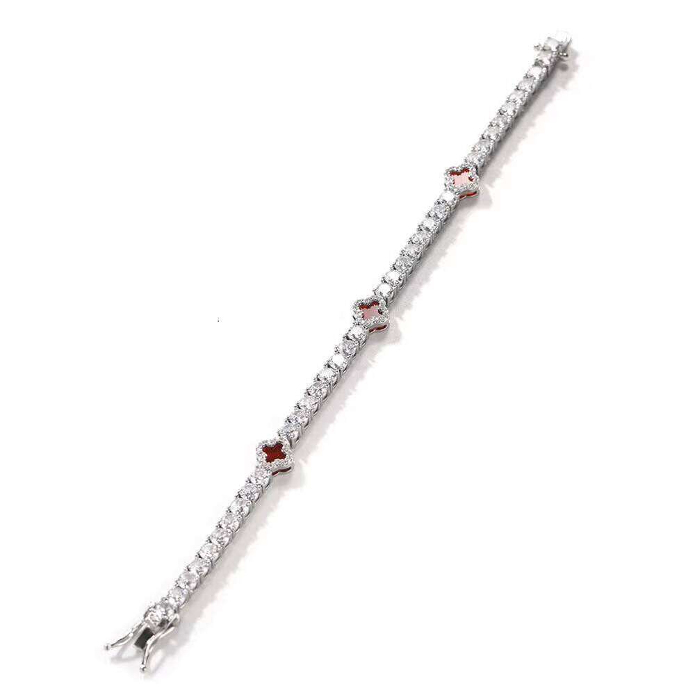 VVS Moissanite New Arrival Party Accessories Full Iced Out Pearlescent 4mm Straight Pull Red Clover Necklace Agate Rhodium Plated Fashion Tennis Chain