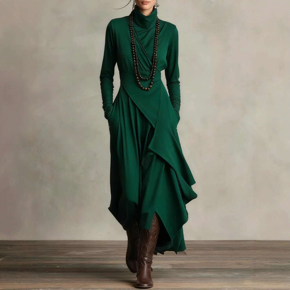 2026 European Size Women's Clothing Autumn Solid Color Sleeve Cross High Neck Long Dress