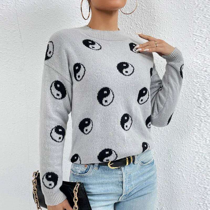 Spring And Autumn Women's Pullover Round Neck Flocking Geometric Screw Thread Contrast Color Long Sleeve Sweater Casual Tops