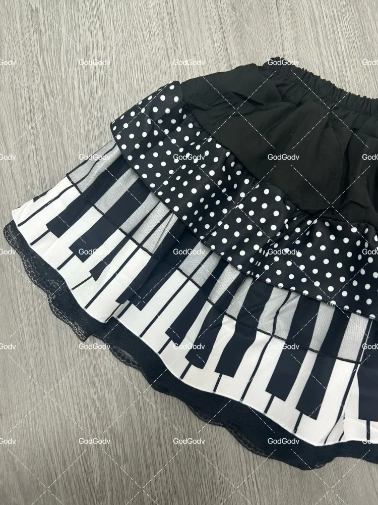 American Vintage Black White Piano Keys Skirts Y2k Slim Waist Ruched Aline Skirt Women Summer Korea Style Chic Mujer 251231