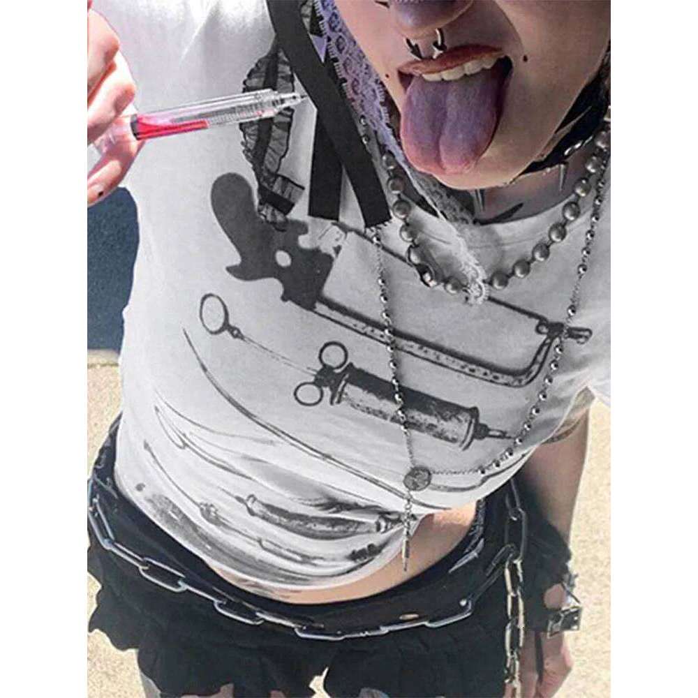 Dark Printed Cropped T Shiirt Gothic Casual Slim O-Neck Short Sleeve Tees Women 2024 Summer Fashion Streetwear Ladies