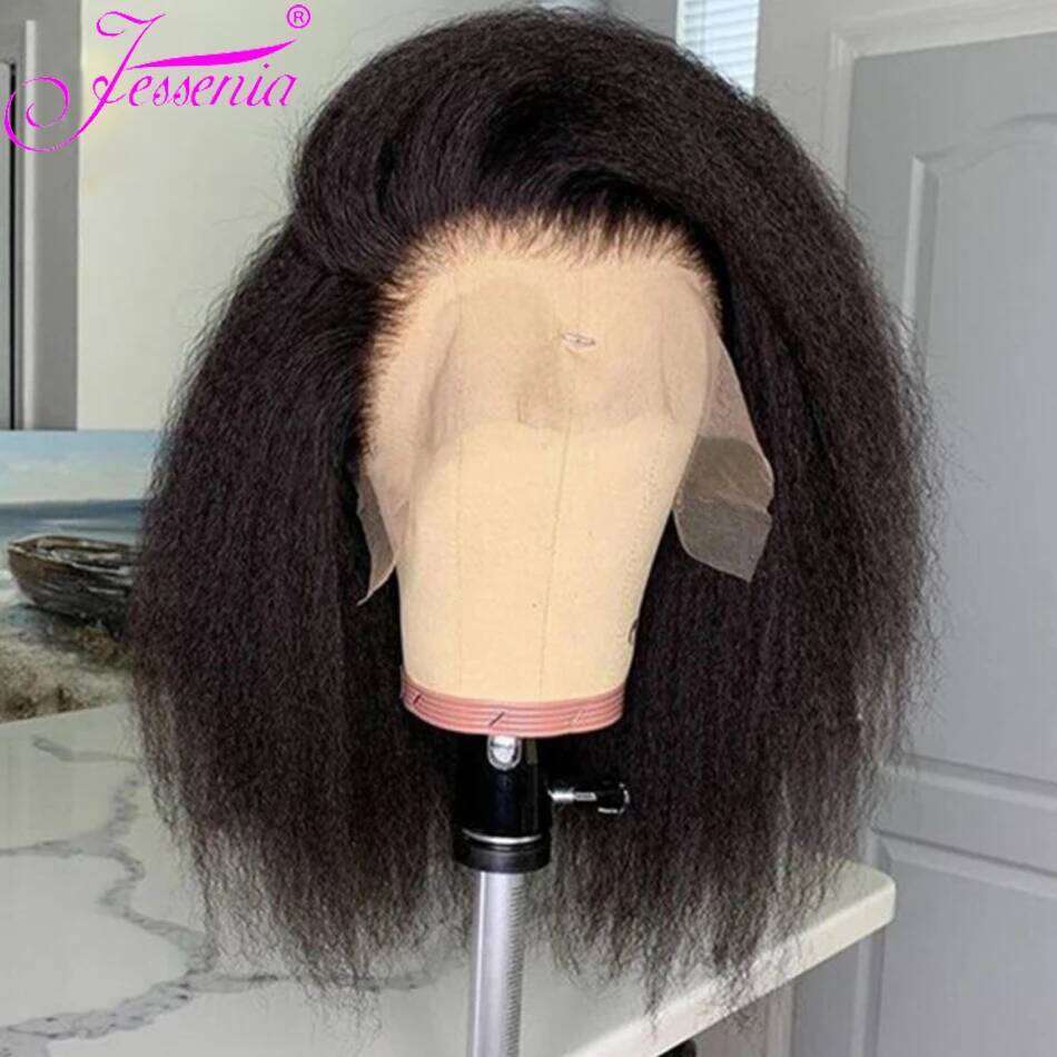 Glueless Kinky Straight Short Bob 100% Human Hair 13x4 Frontal HD Transparent Lace Peruvain Remy Soft Yaki Wear And Go Wig