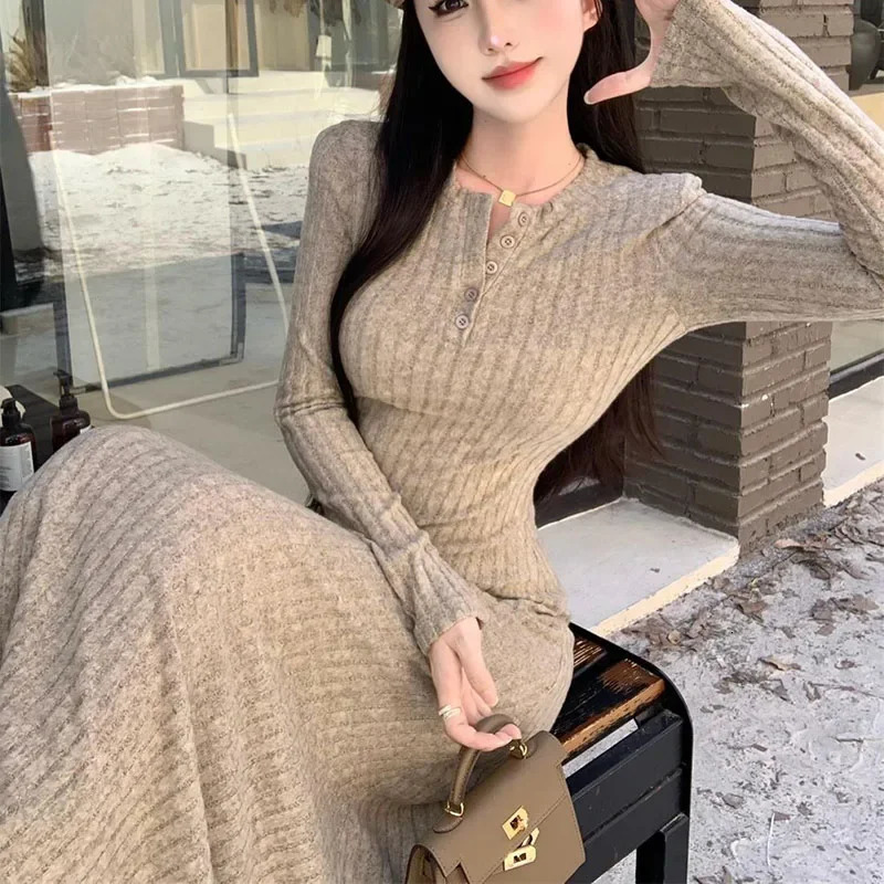 Smvp Elegant Slim High Waist Knit Dresses Women Autumn Winter Long Sleeve Thick Warm Dress Vintage Streetwear Vestidos 251231