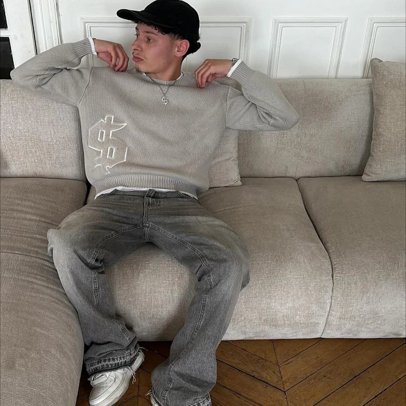 2 pcs Set Y2K Autumn Winter Retro Knitted Sweater Jeans Suit Trendy Hip Hop Dollar Embroidery Streetwear Unisex Baggy 251230