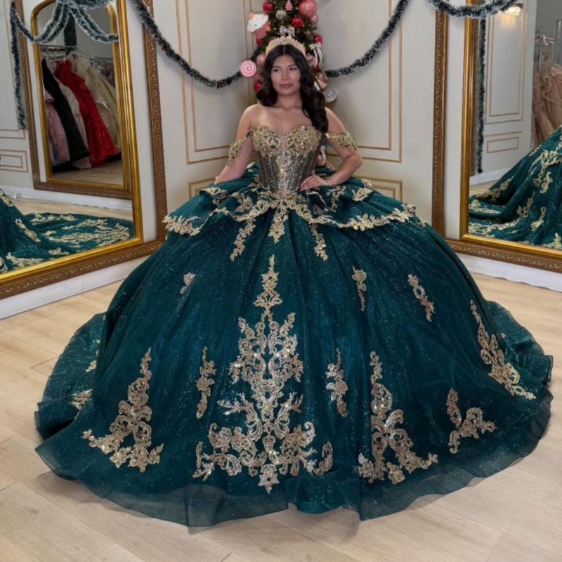 Dark Green Shiny Quinceanera Dresses Off Shoulder Ball Gown Sweet 16 Dress Gold Applique Lace Beading Crystal Bow Birthday Party Vestidos 15 De Anos