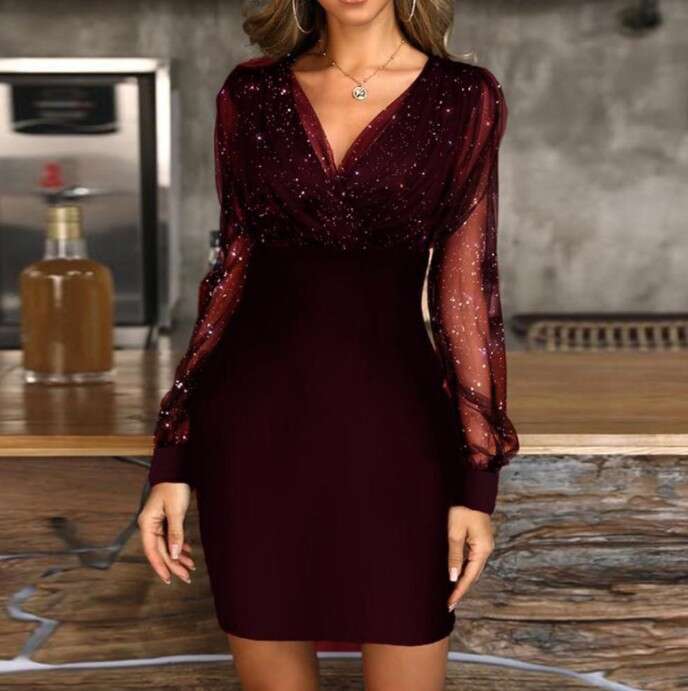 European and American Cross-Border Mesh V-Neck Sequin Slim Sexy Dress