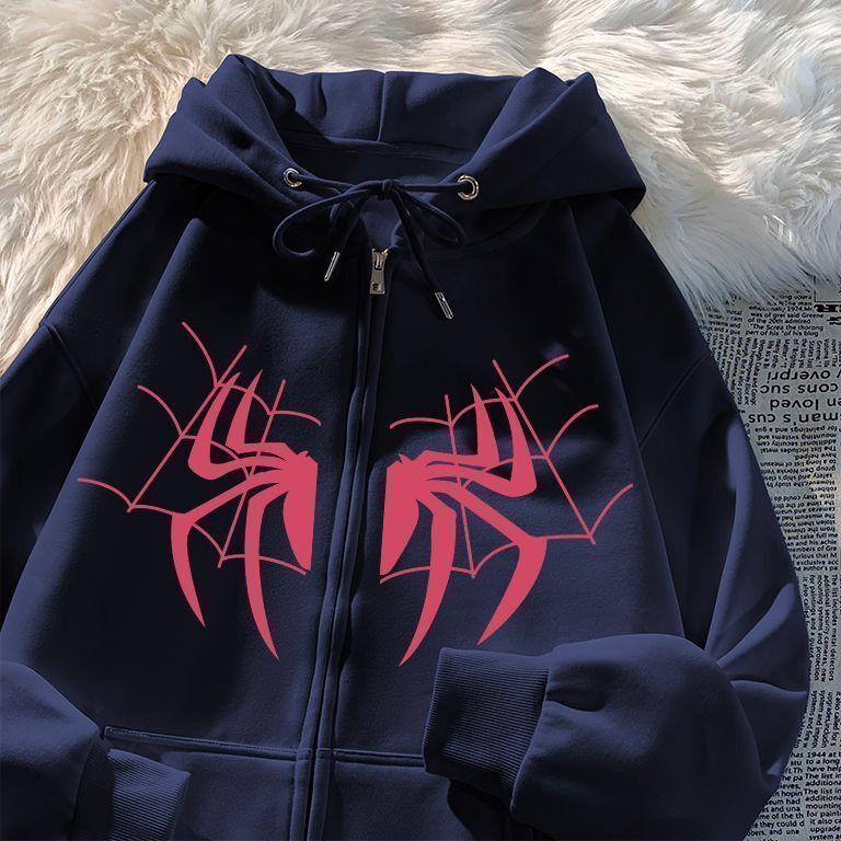 European and American Style Cool Unisex Fleece Hoodie for Men and Women Autumn Winter Spider Print Zipper Sports Outdoor Jacket