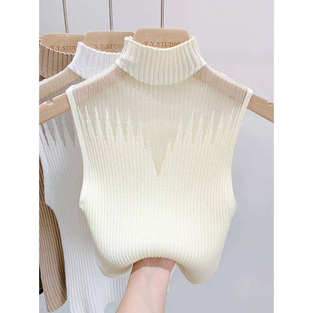 Mesh Knitted Women Y2K Tank Half Neck Vest Female Sleeveless Sweater Chic Cut Out Streetwear Solid Skinny Tube Top