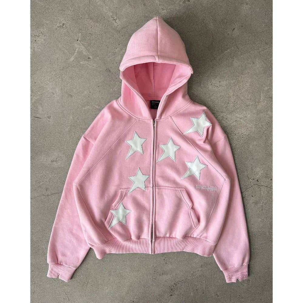Zhehan Y2K Harajuku New Fashion Star Patch Zipper Hoodie Women Gothic Hip Hop Popular Casual Couple Plus Velvet Padded Sports Sweater