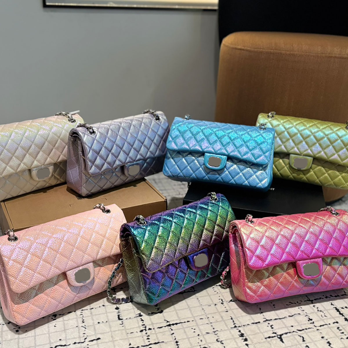 25cm Large Capacity Cf Single Shoulder Bag High Quality Check Pattern Gradient Color Leather Evening Bag Luxury Women Designer Crossbody Bag Golden Hardware Wallet