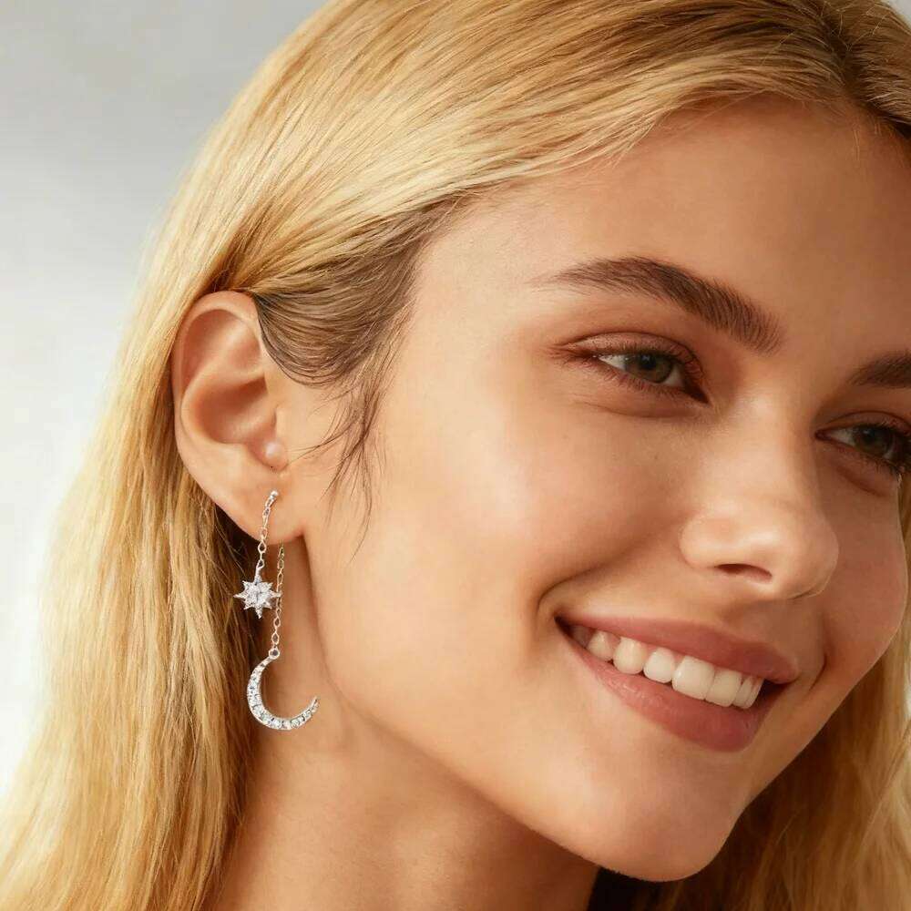 Aide 925 Sterling CZ Star Moon Asymmetric Hoop Earrings for Women Girls Silver Christmas Party Jewelry Gifts